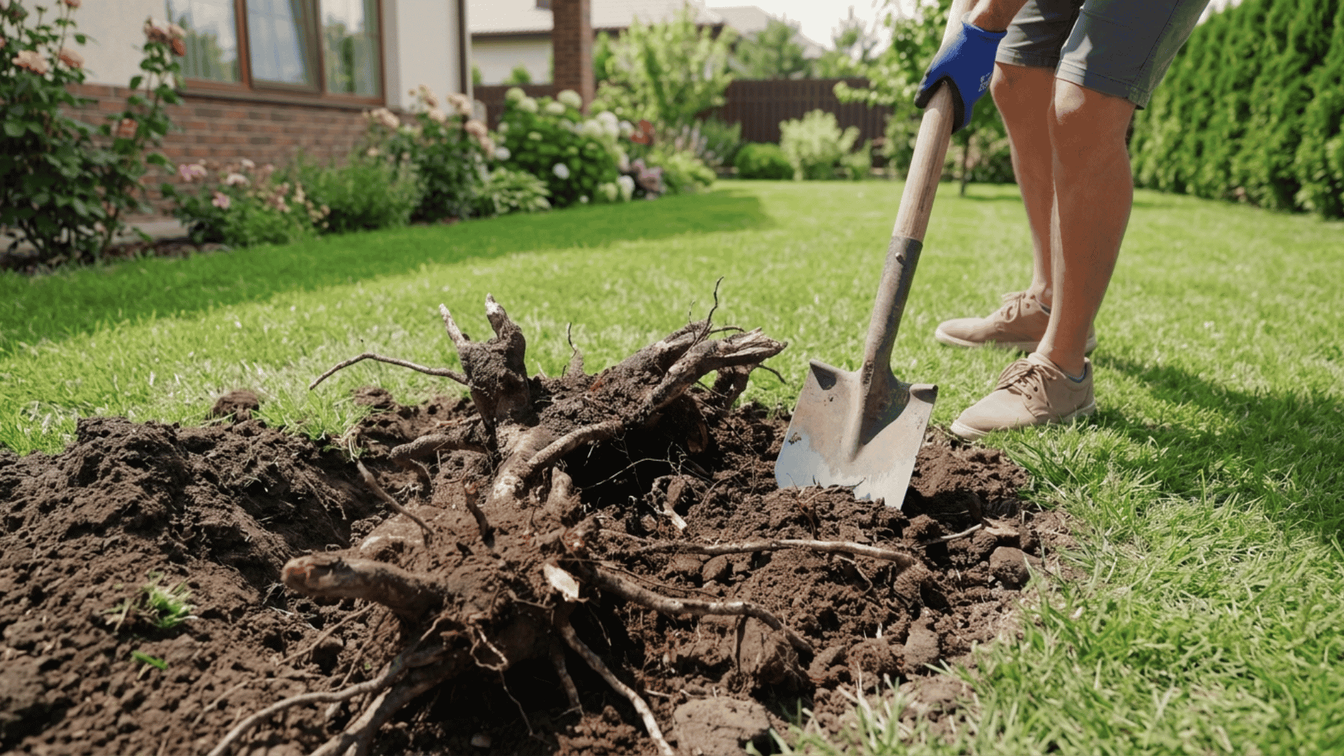 a-person-using-a-shovel-to-dig-up-and-remove-a-tree-stump-and-its-roots-from-a-grassy-backyard-lawn