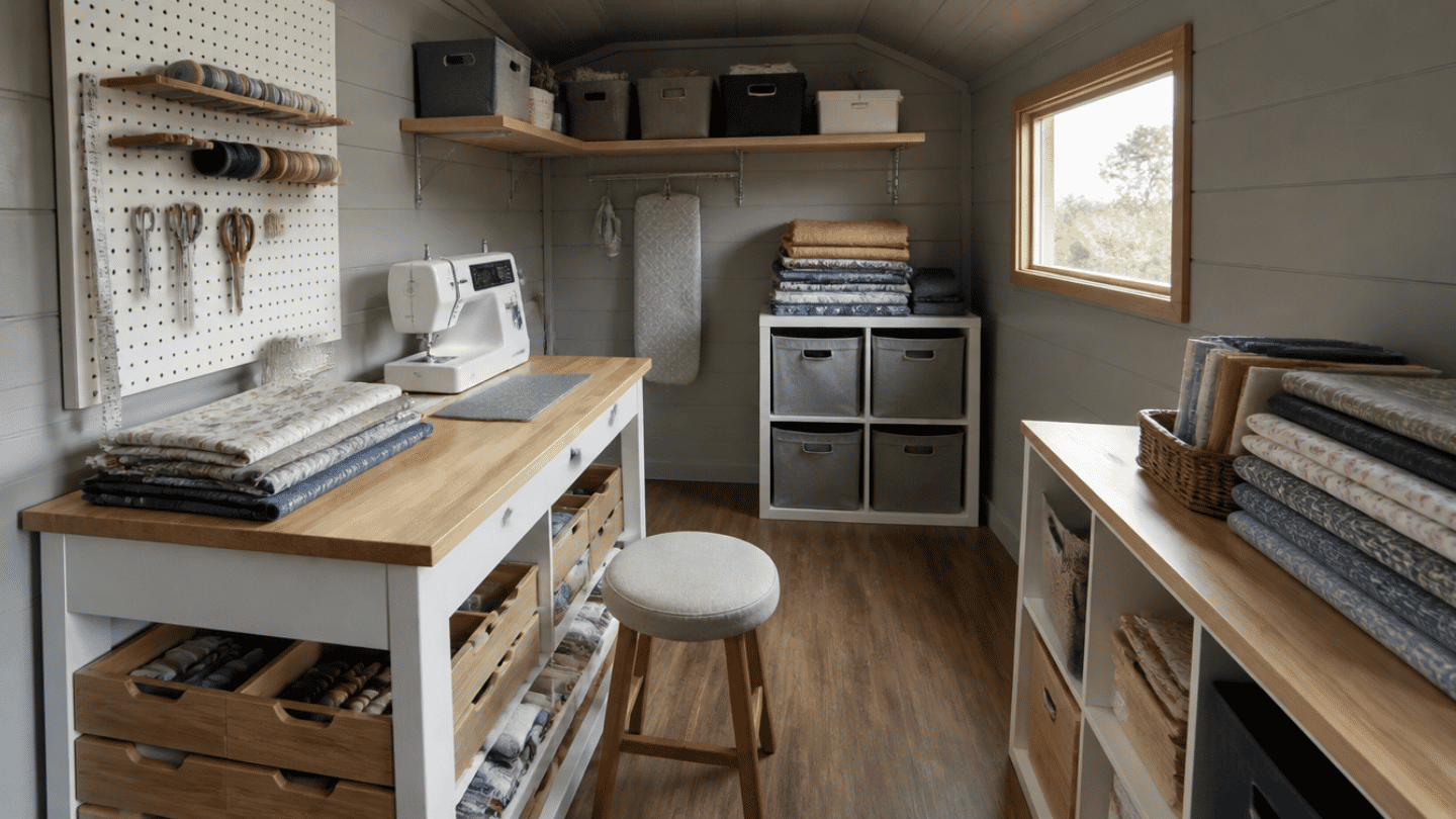 a small she shed interior set up as a sewing room with a sturdy sewing table sewing machine folded fabric stacks thread spools in drawers