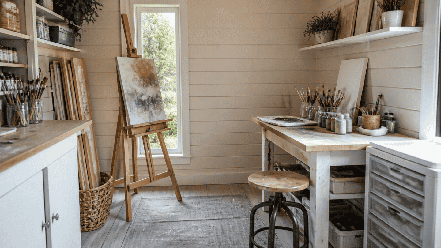 a small she shed interior set up as an art studio, with an easel near a narrow window a compact worktable paints and brushes in jars