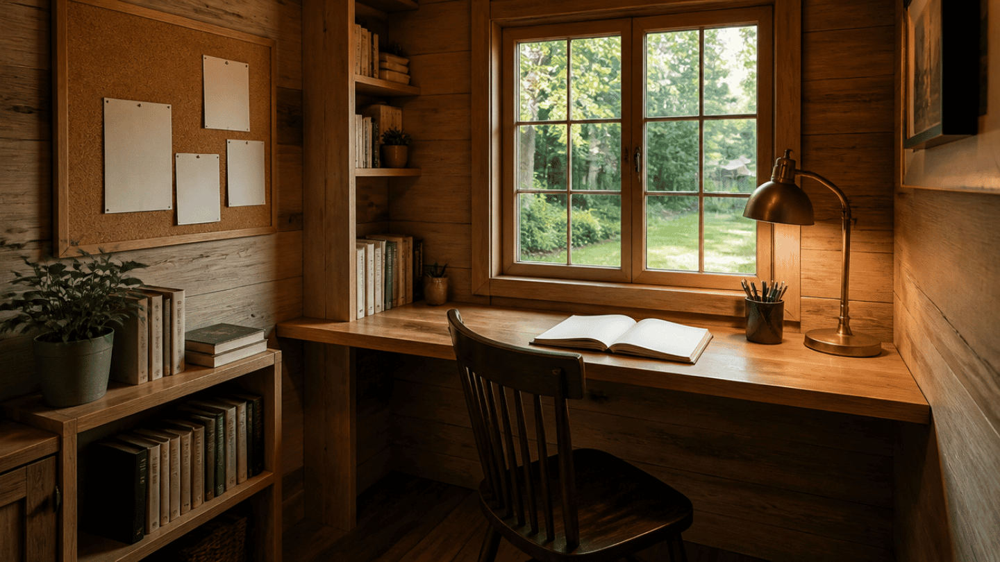 a small writing she shed interior with a quiet cabin like style built in wooden desk under a window in a daylight interior setting