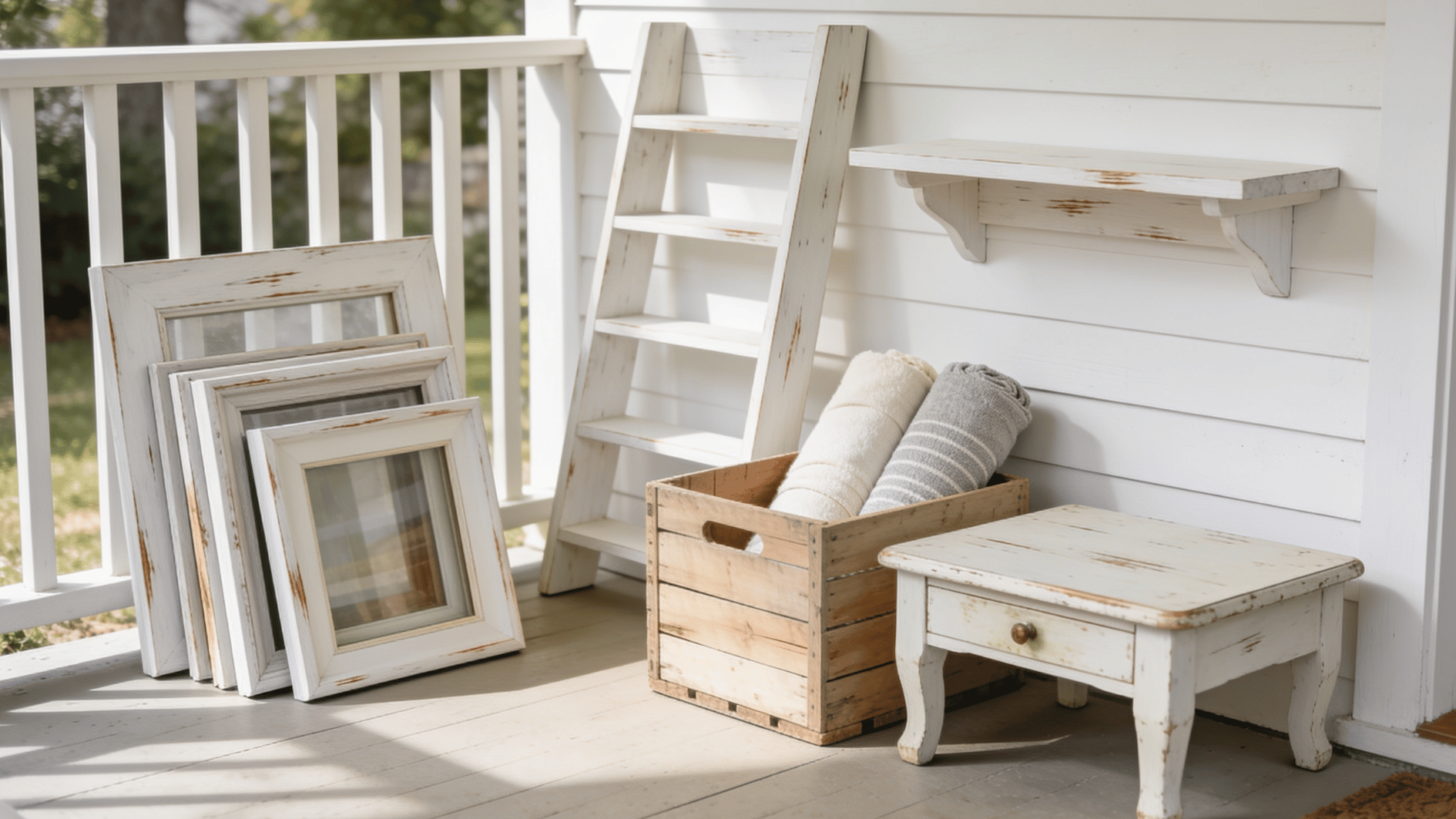 a stack of picture frames, a wooden crate holding rolled linens, a floating shelf leaning against the wall, and a small thrifted coffee table, each showing soft white finish with wood grain peekin