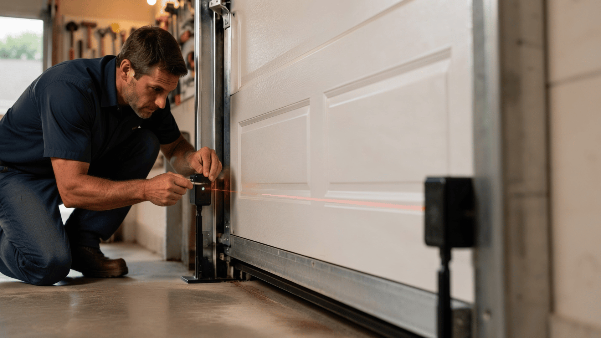 a technician in a blue uniform and cap fixes a garage door sensor with a screwdriver