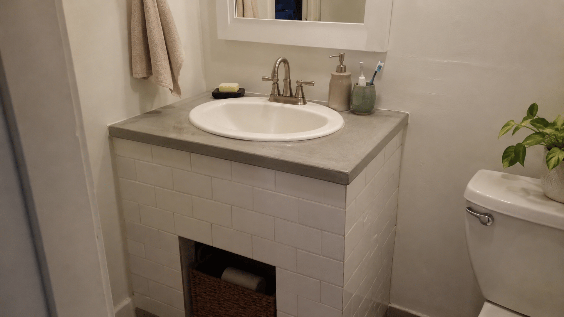 a tile styled diy bathroom vanity in a compact bathroom setup with sink and mirror installed white wall and indoor lighting