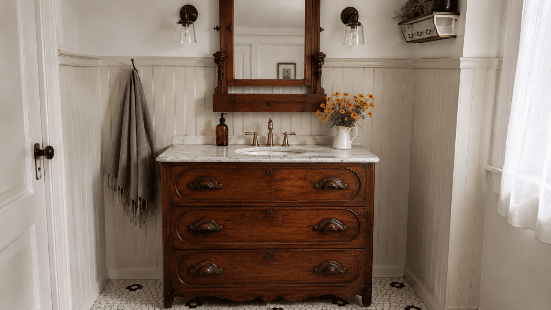 a vintage dresser converted to bathroom vanity in a small bathroom setting with mirror installed above the vanity in a white bathroom background