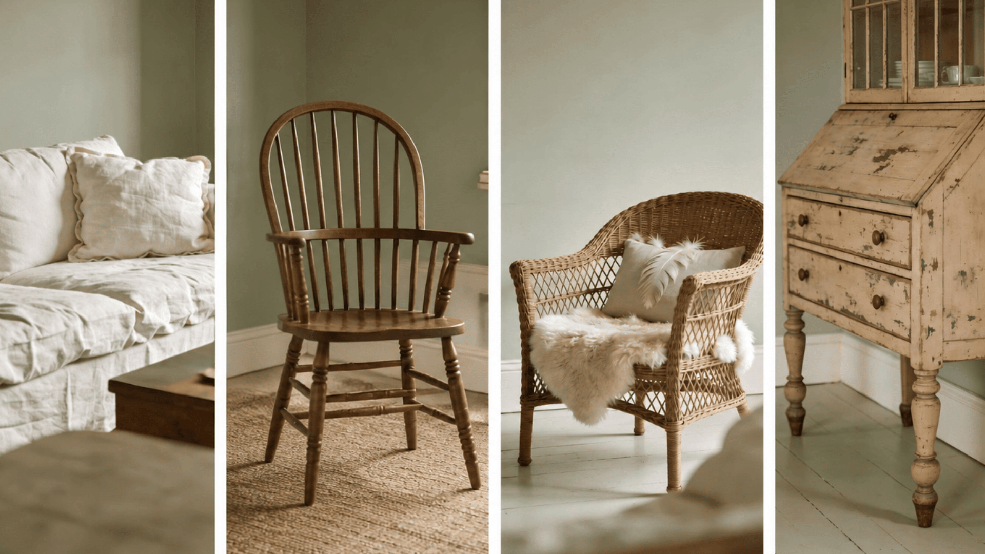 a white slipcovered linen sofa with deep rumpled cushions; a spindle-back Windsor chair; a wicker armchair with feather cushion