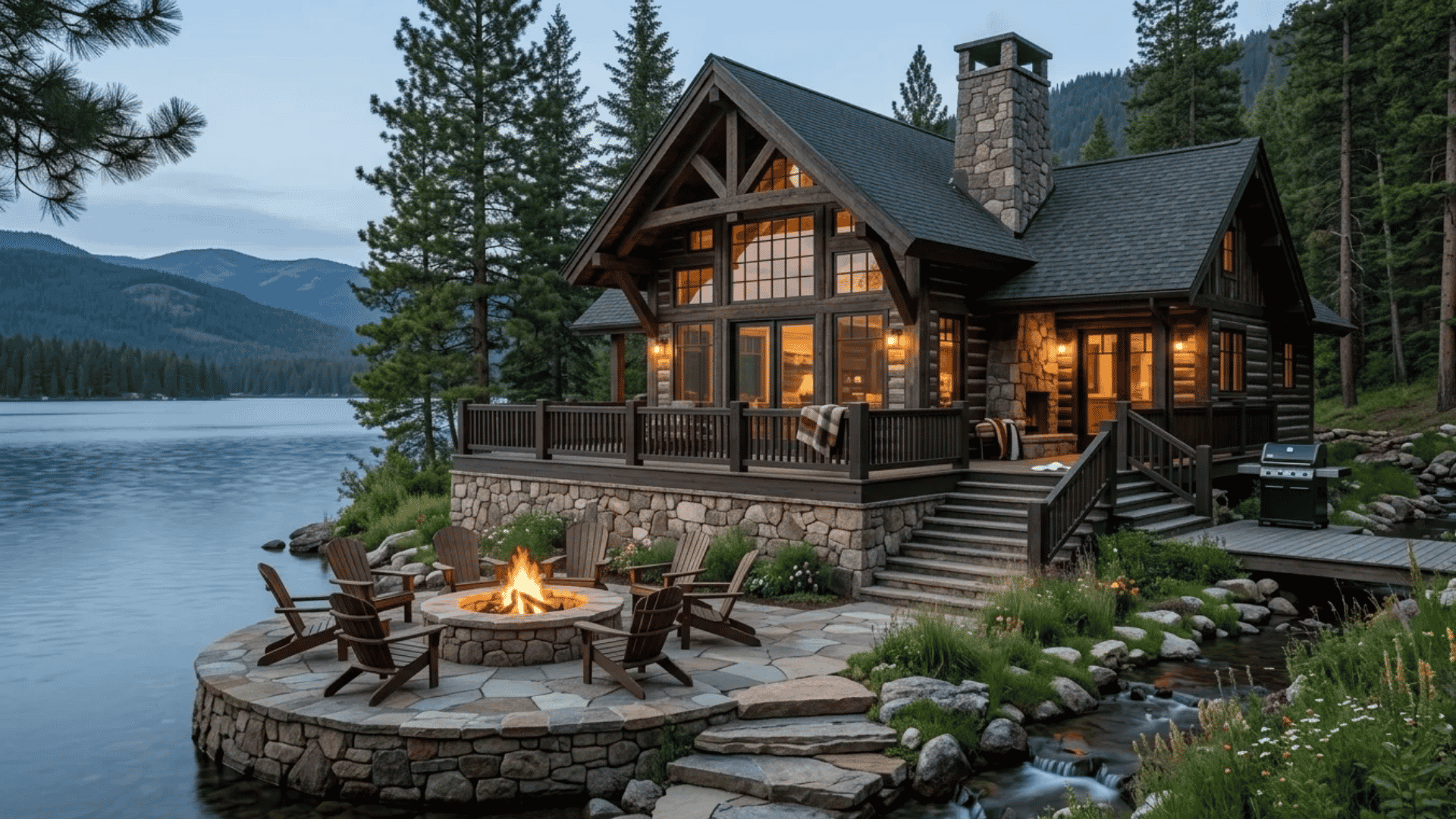 A wooden chalet by a lake with a stone fire pit, surrounded by pine trees and mountains.