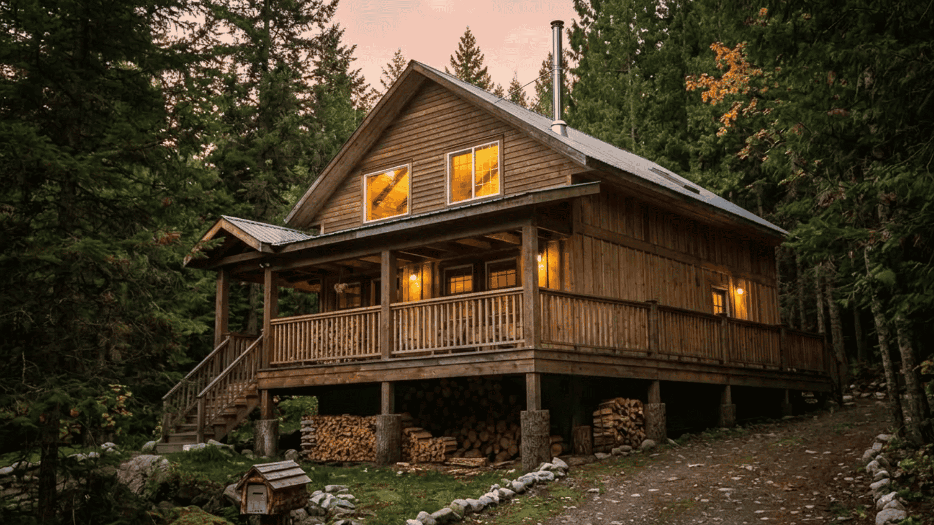 A wooden chalet in the forest with a porch, stacked firewood underneath, and warm interior lights.