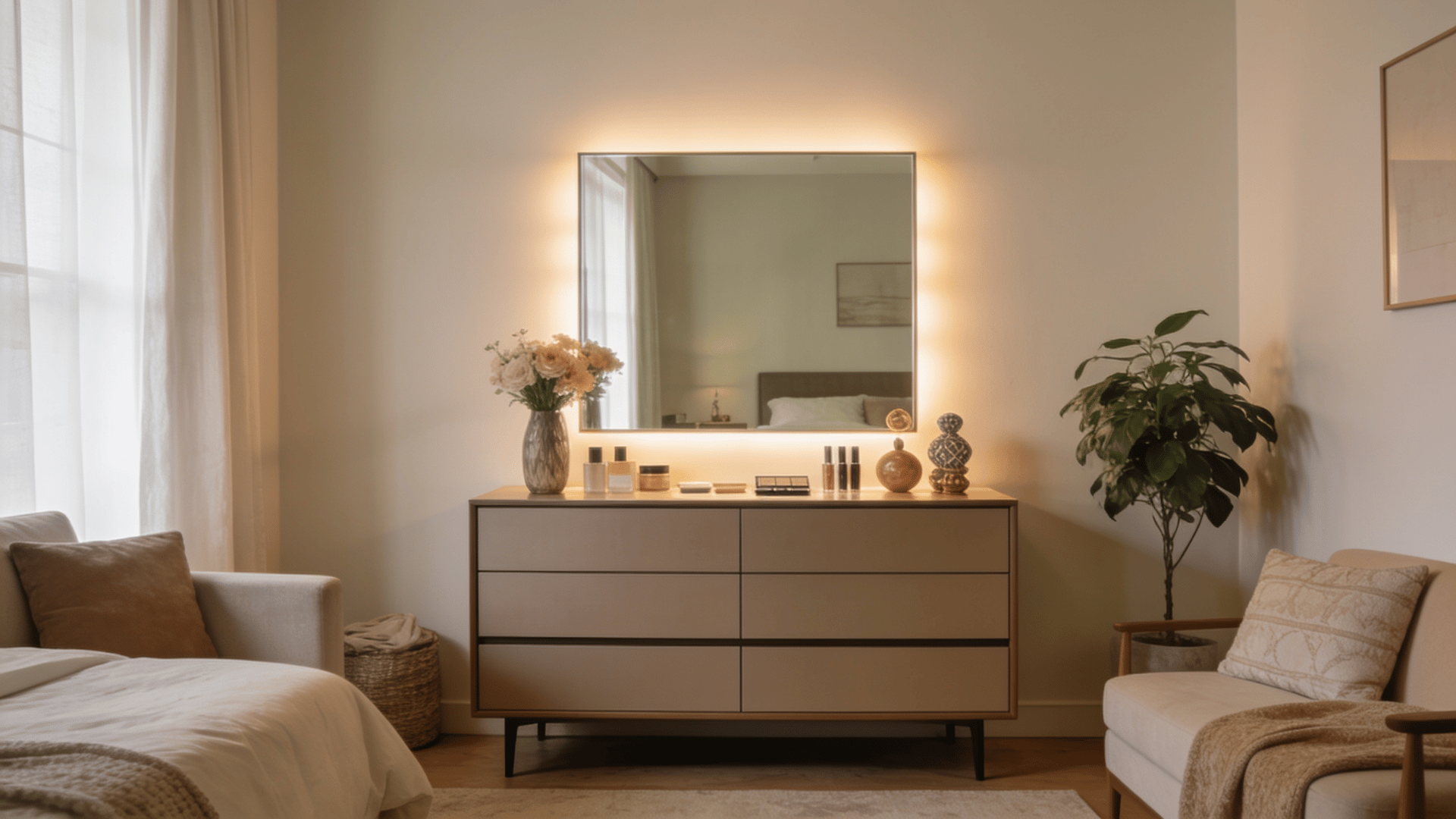 Mirror above a bedroom dresser with decor items, lighting, and a plant.