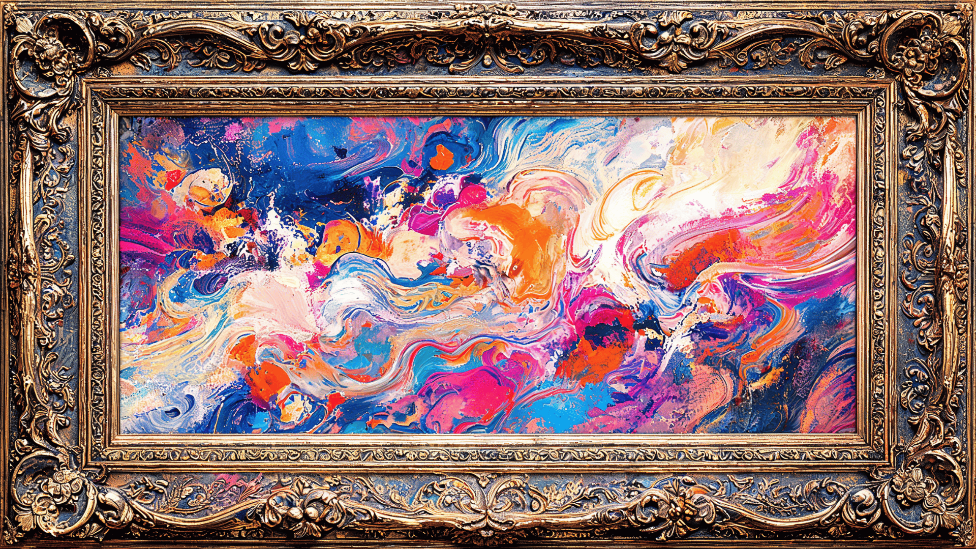 Vibrant colorful abstract canvas painting with blue and pink swirls, encased in an ornate antique gold Victorian picture frame