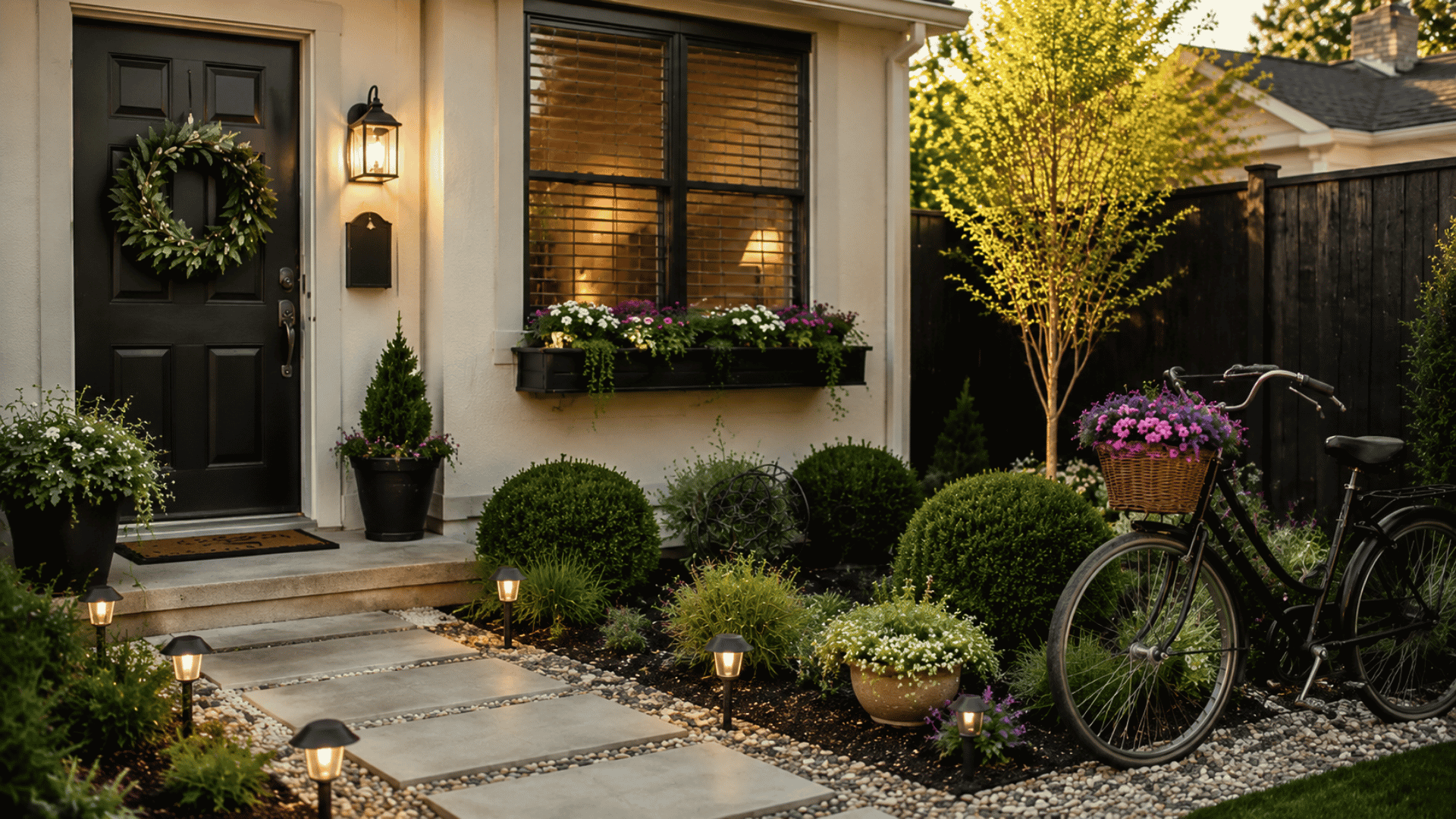 Front yard with stone stepping path in lush green groundcover, surrounded by shrubs and flowers in a low-maintenance no-mow landscape design.