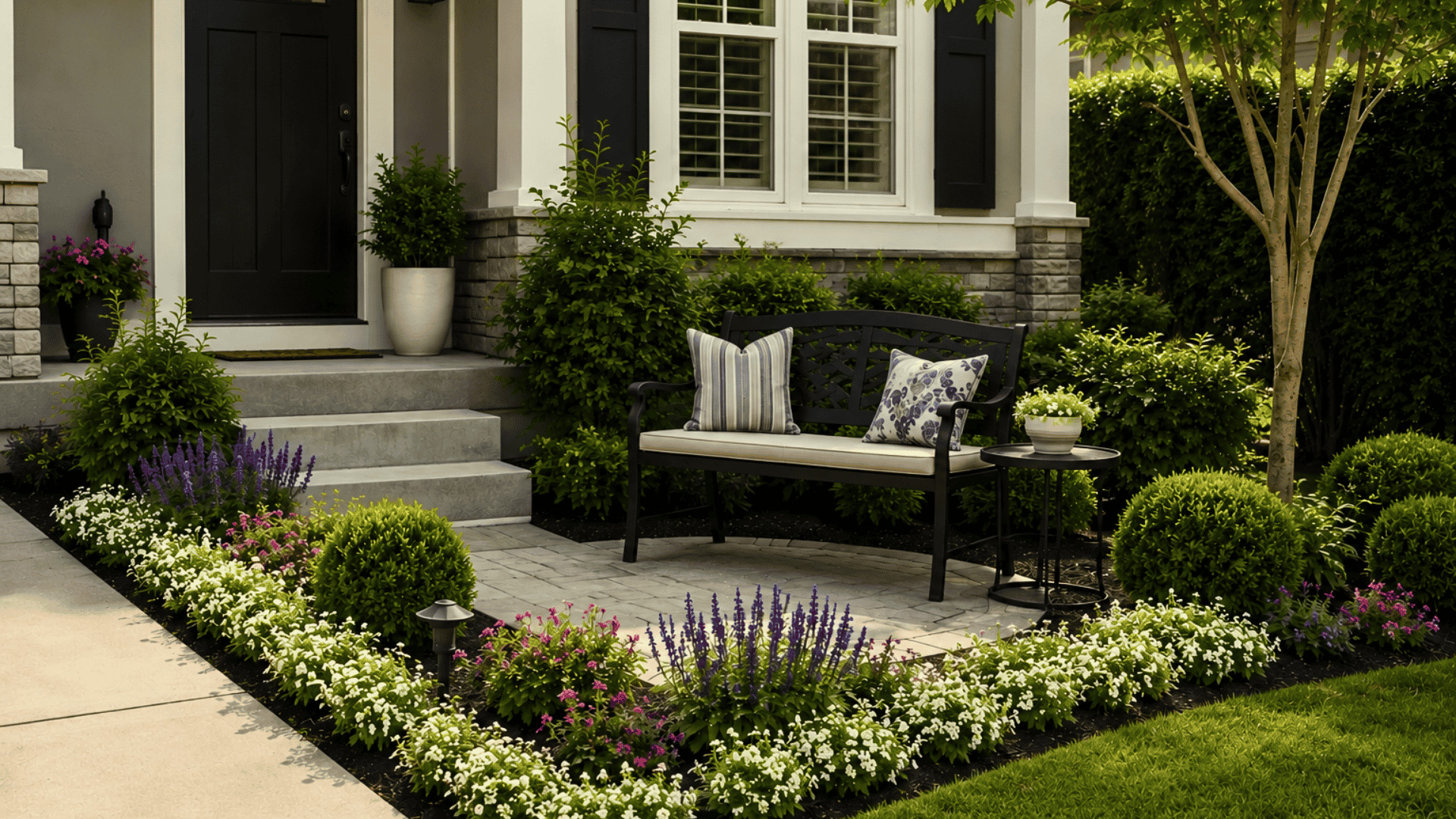 Front yard of a suburban home with seating area, colorful flower bed borders, neatly trimmed shrubs, potted plants, stone-paved walkway, and a black front door with white trim
