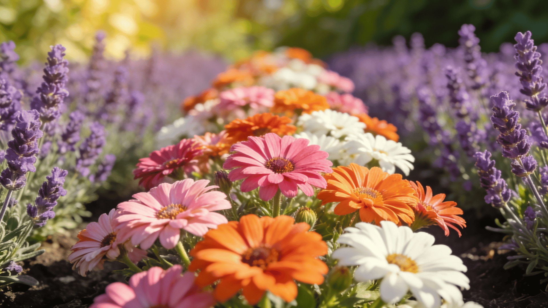 African daisies blooming between lavender rows in a bright, sunlit garden with mixed colors.