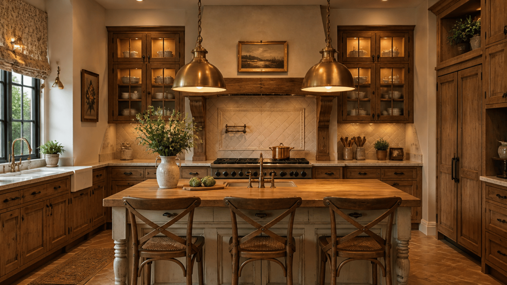 Aged brass lights in a <echighlighted><echighlighted>French country kitchen</echighlighted></echighlighted> with wood cabinets, marble counters, and cream tones