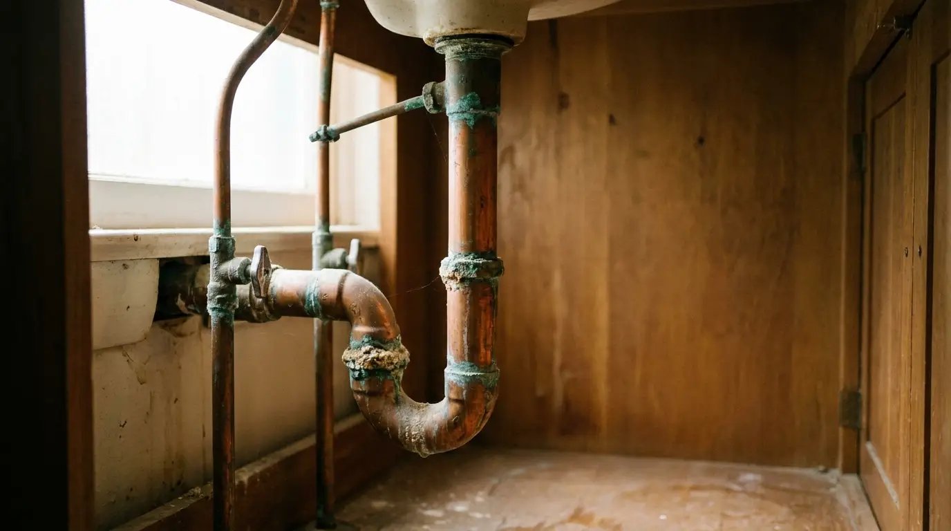 Corroded copper plumbing under wooden sink cabinet in warm indoor lighting
