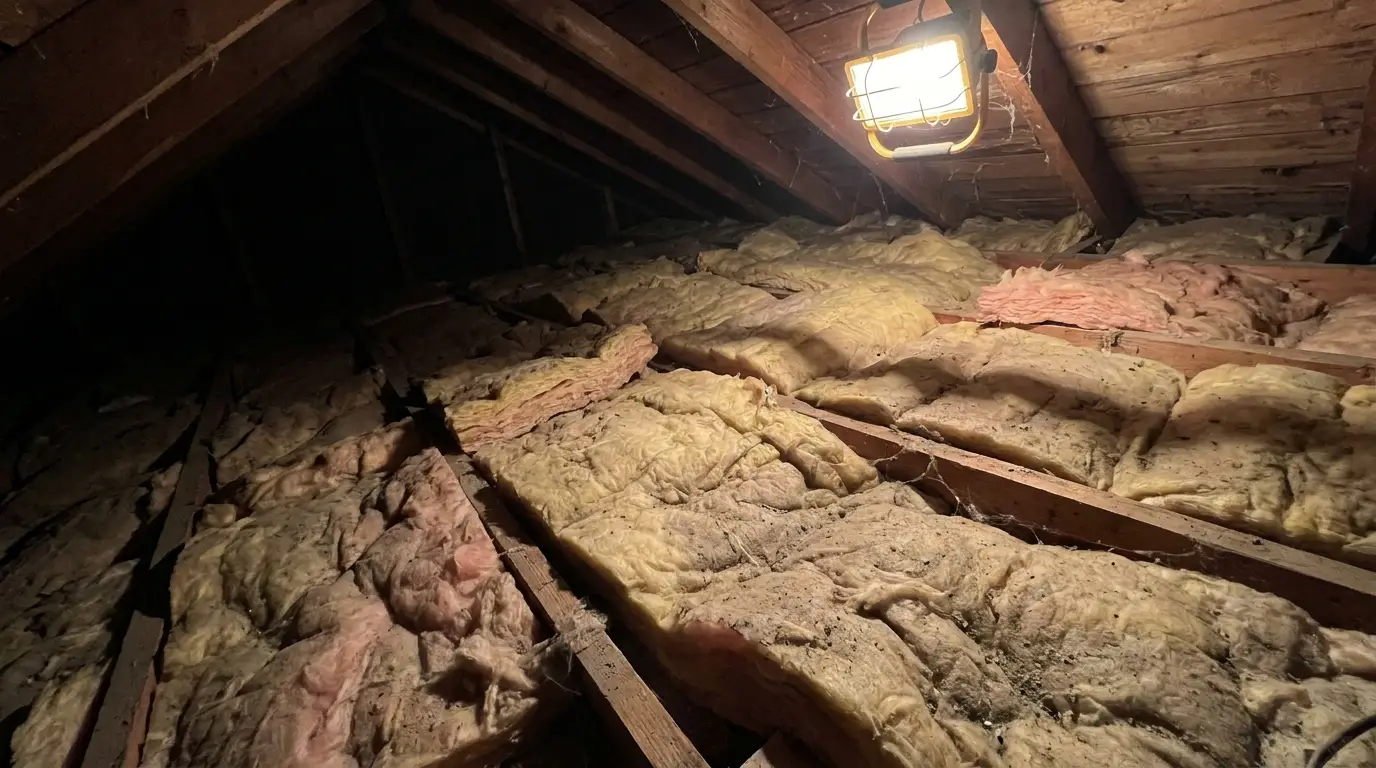Attic space with exposed fiberglass insulation and a hanging light fixture illuminating the area