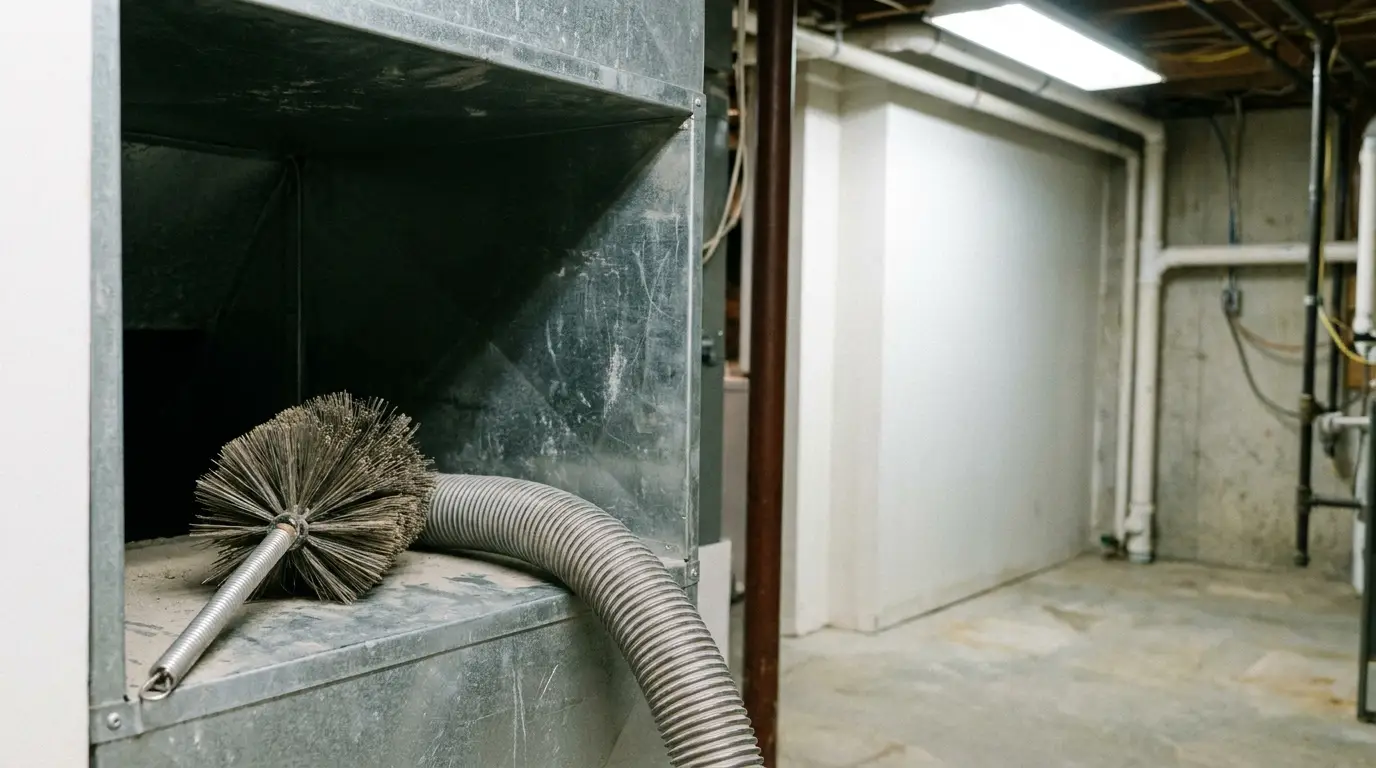 Cleaning brush and flexible hose inside HVAC ductwork in a utility room