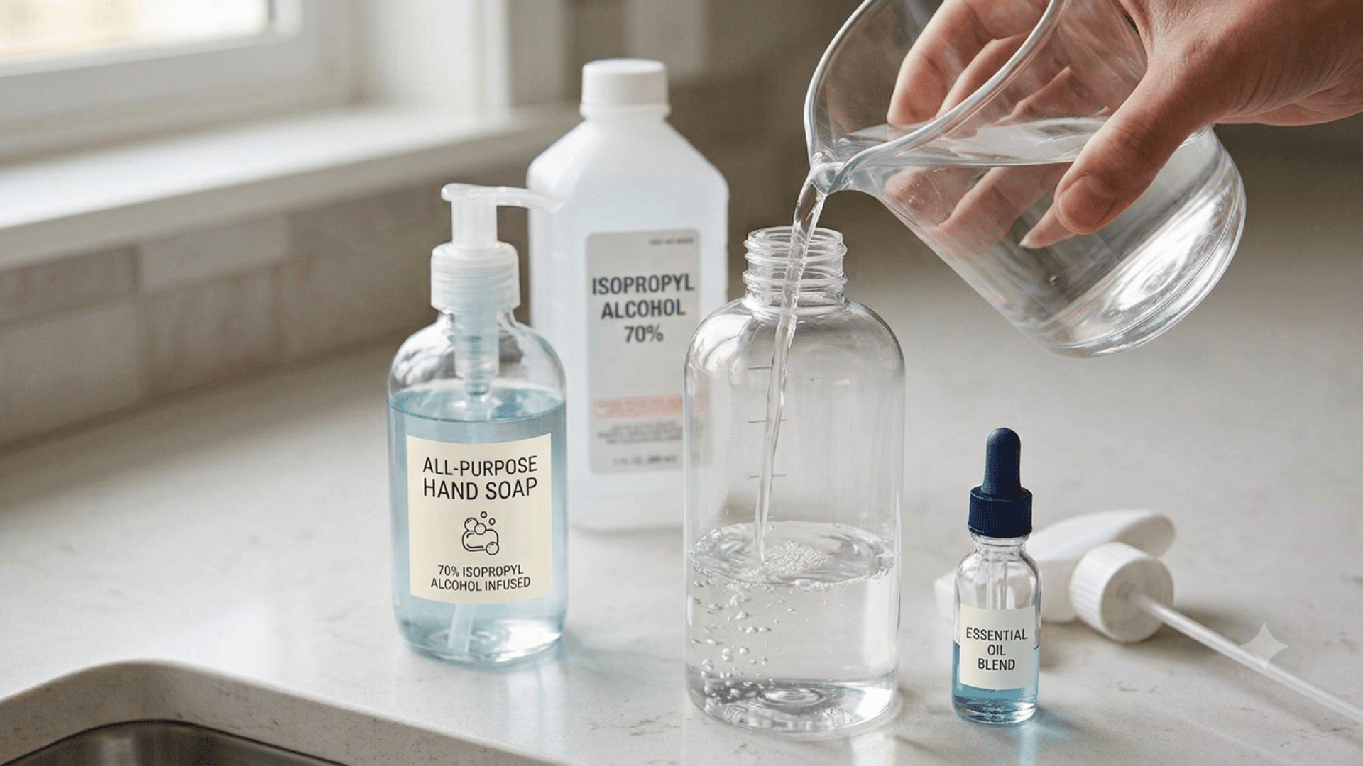 Alcohol and water being poured into a spray bottle with dish soap nearby.