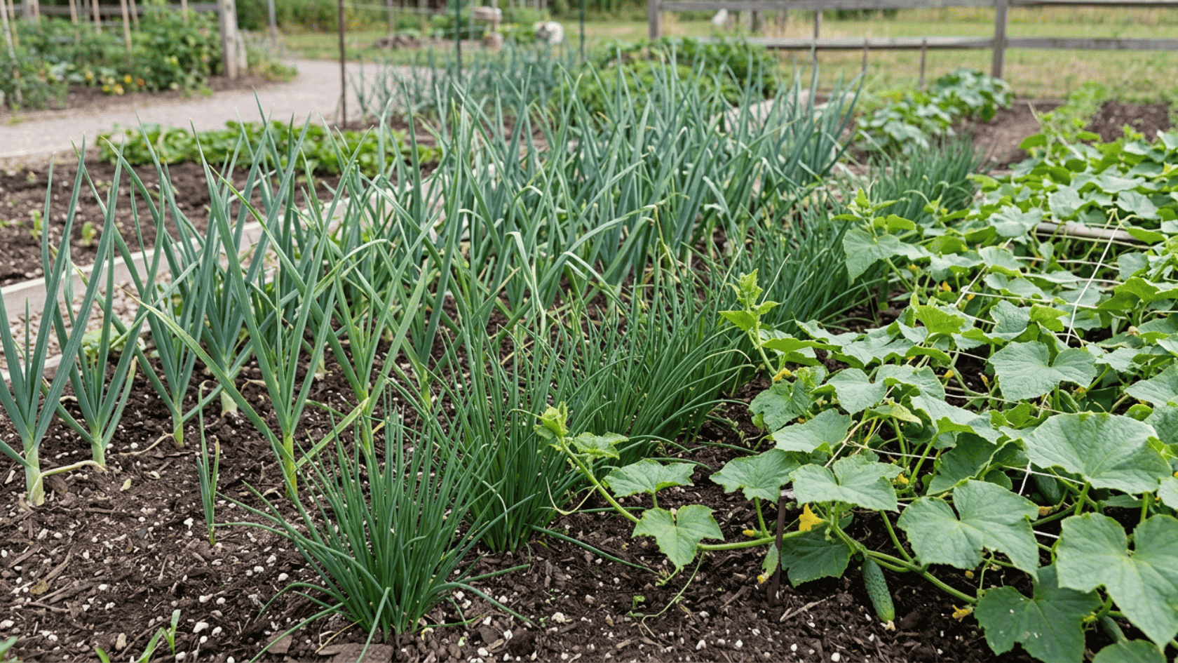 Onions and cucumbers growing side by side in a garden bed with healthy green foliage.