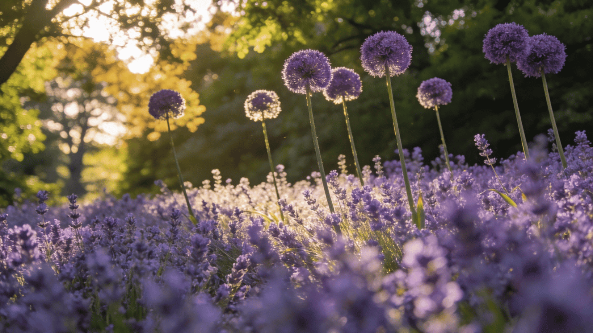 Globe-shaped allium flowers standing above lavender spikes in a structured ornamental garden.