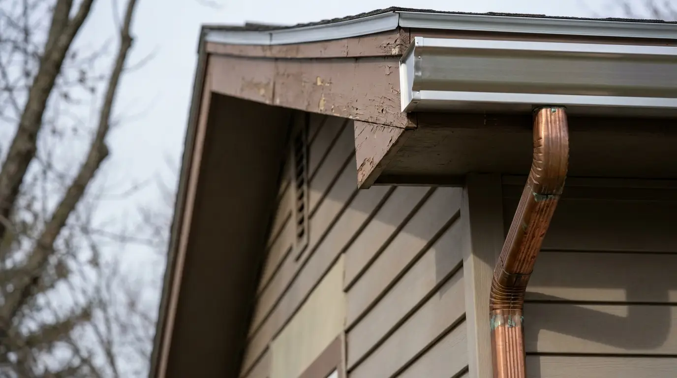 Close-up of a house exterior with metal gutters and weathered wooden eaves