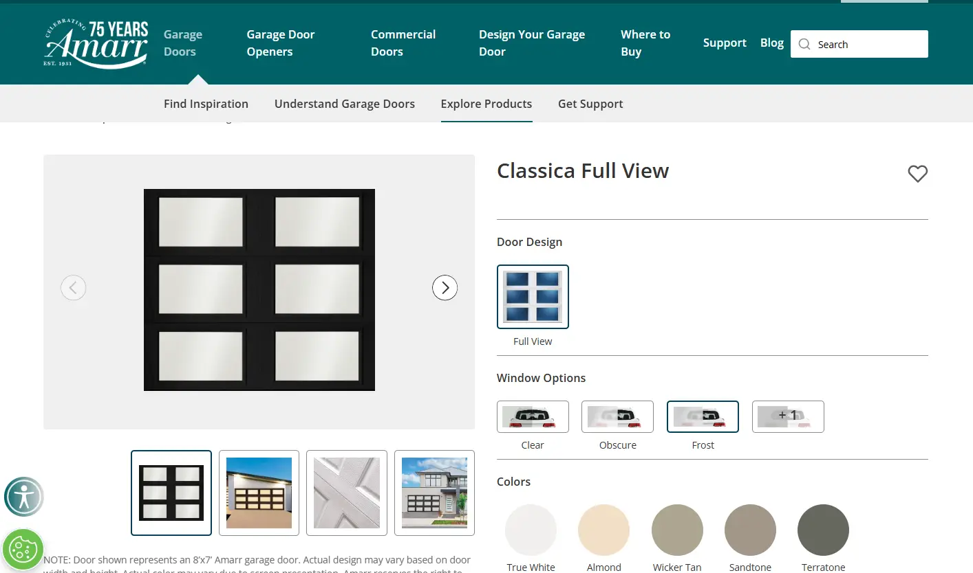 Black-framed garage door with six glass panels on website product page