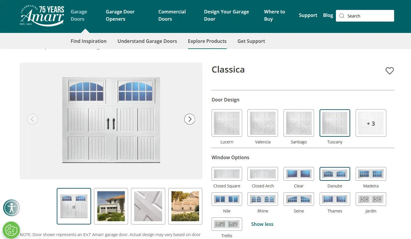 White double garage door with arched windows and vertical panel design in digital catalog display