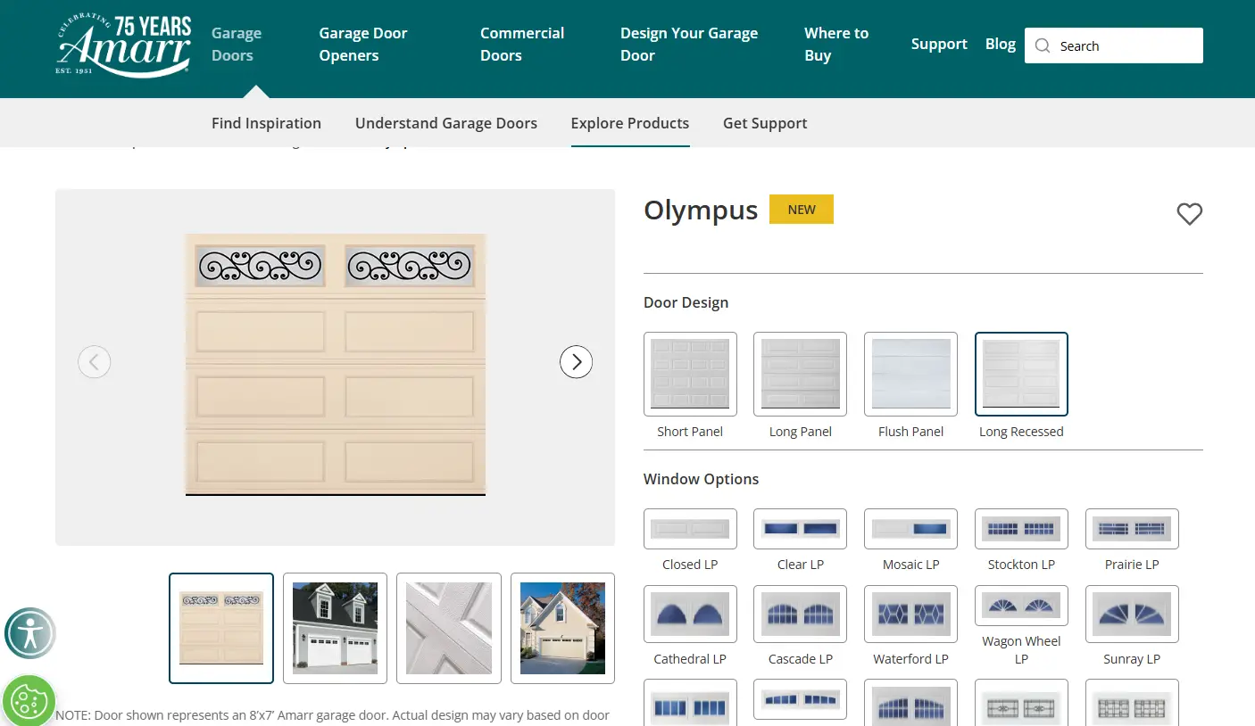 Beige garage door with decorative wrought iron windows in a product catalog layout