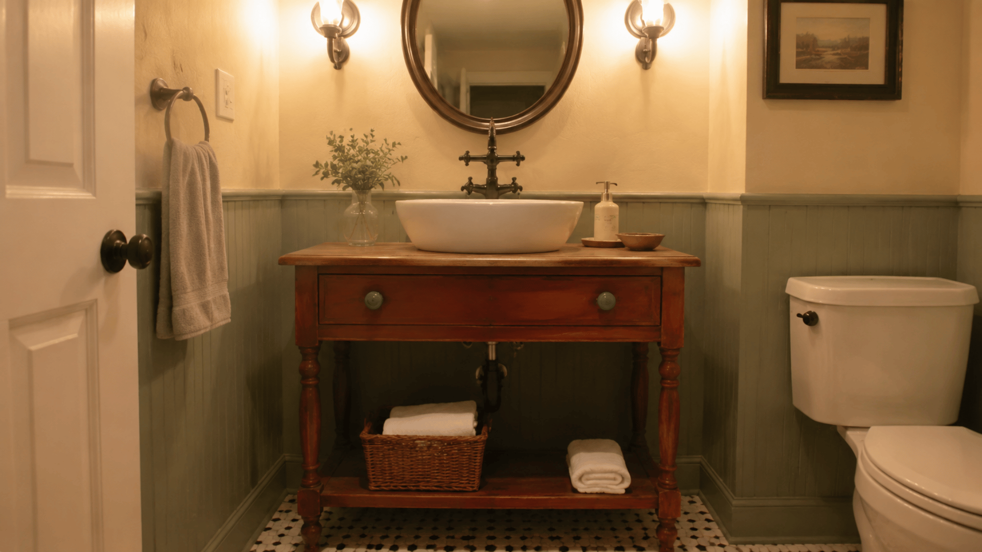 an accent table repurposed as bathroom vanity of diy style in a light yellow bulb bathroom setup with mirror and wall background