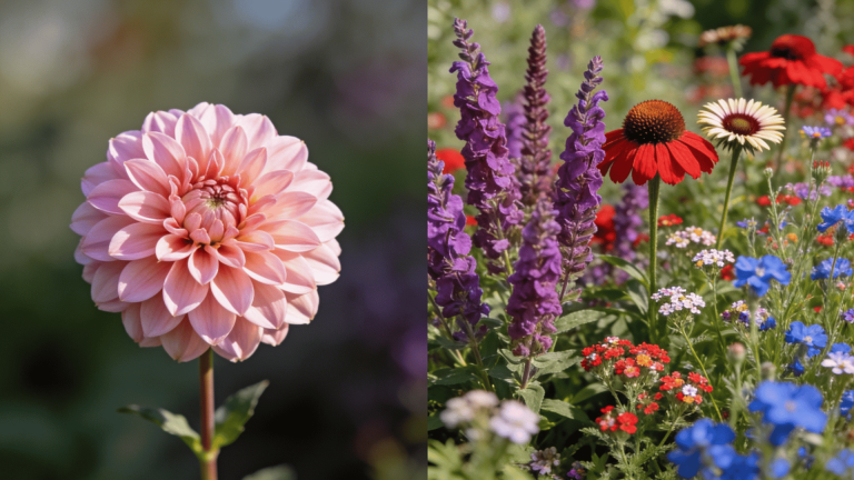 Split image showing single dahlia flower and colorful mixed perennial garden with coneflowers and salvias.