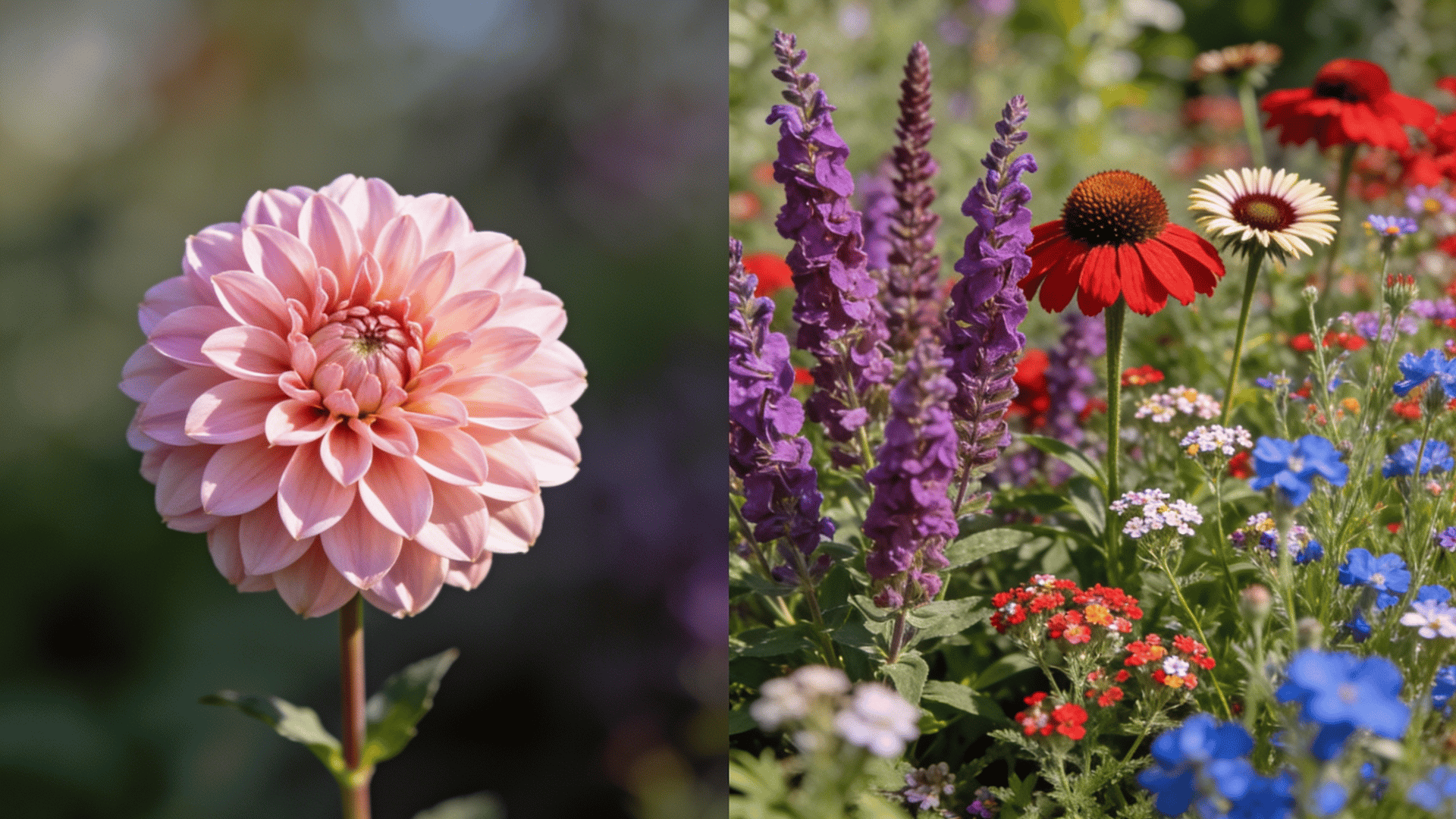 Split image showing single dahlia flower and colorful mixed perennial garden with coneflowers and salvias.