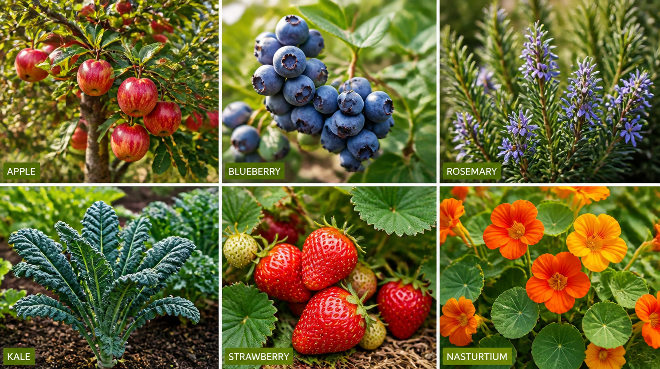 apple tree, blueberry bush, rosemary, kale, strawberries, and nasturtiums commonly used in edible landscaping designs.