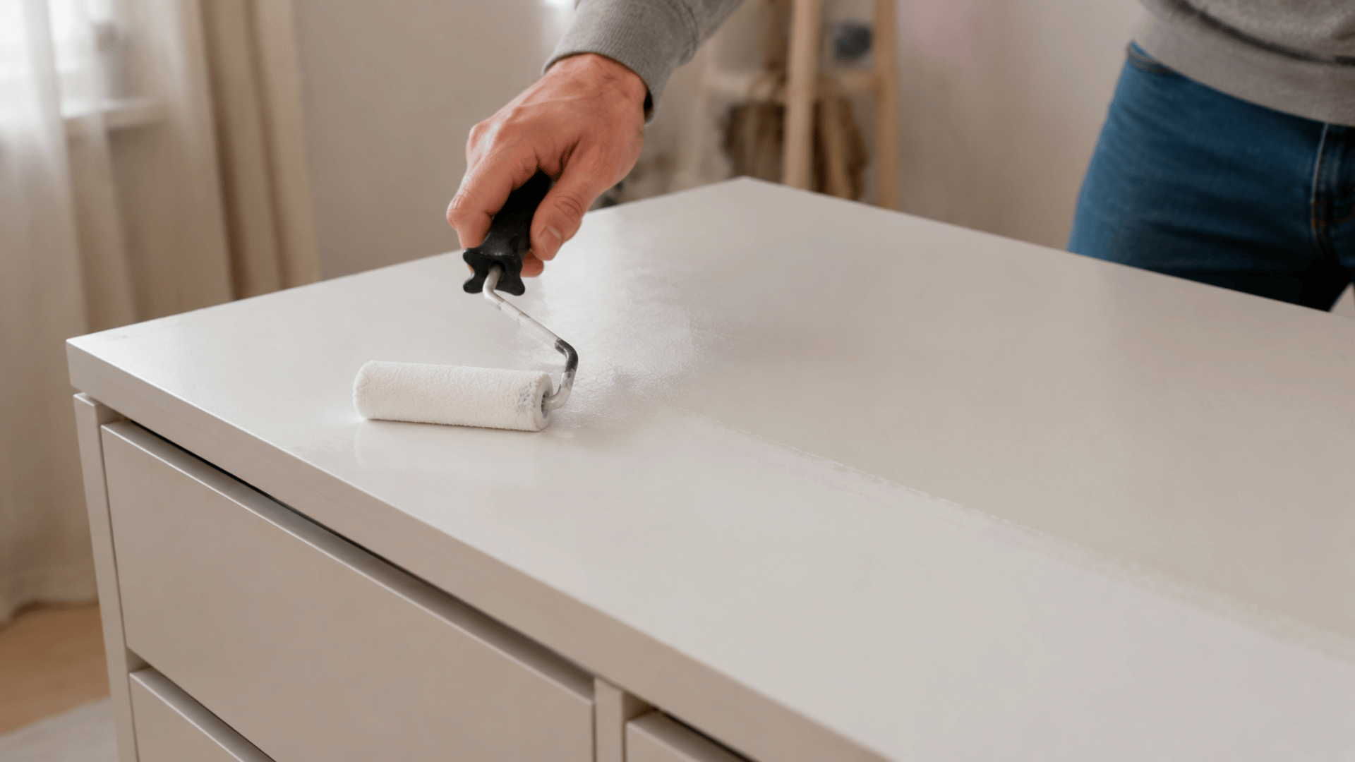 Shellac-based primer being applied to IKEA furniture with a roller.