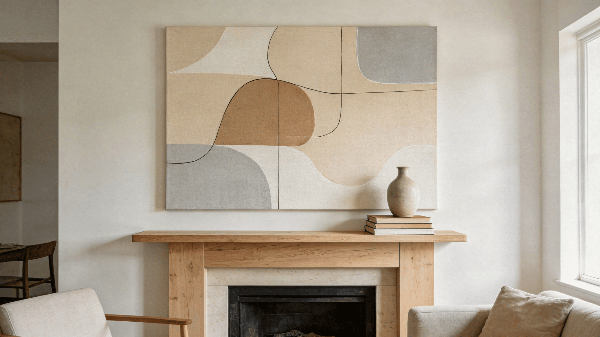 Abstract artwork above fireplace mantel with books and vase in a cozy living room.