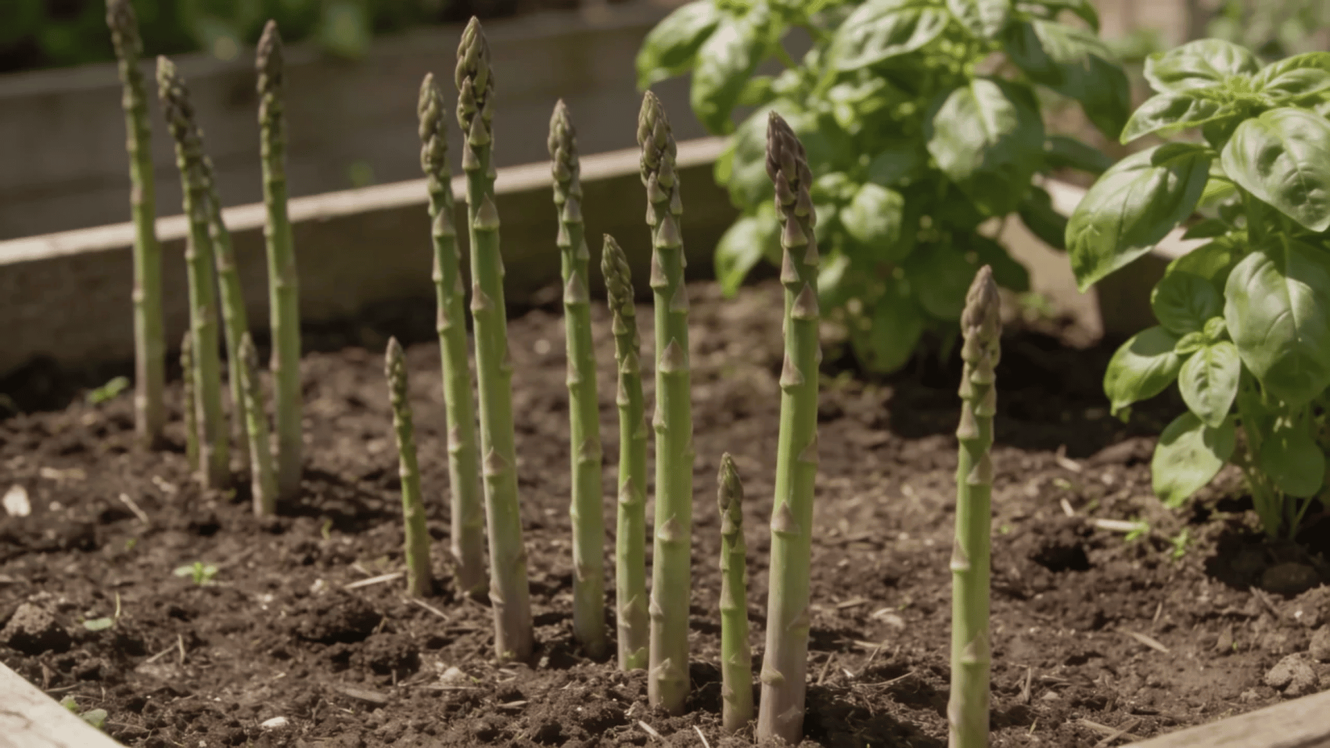 Asparagus spears growing upright from soil in a garden bed with basil plants in the background.