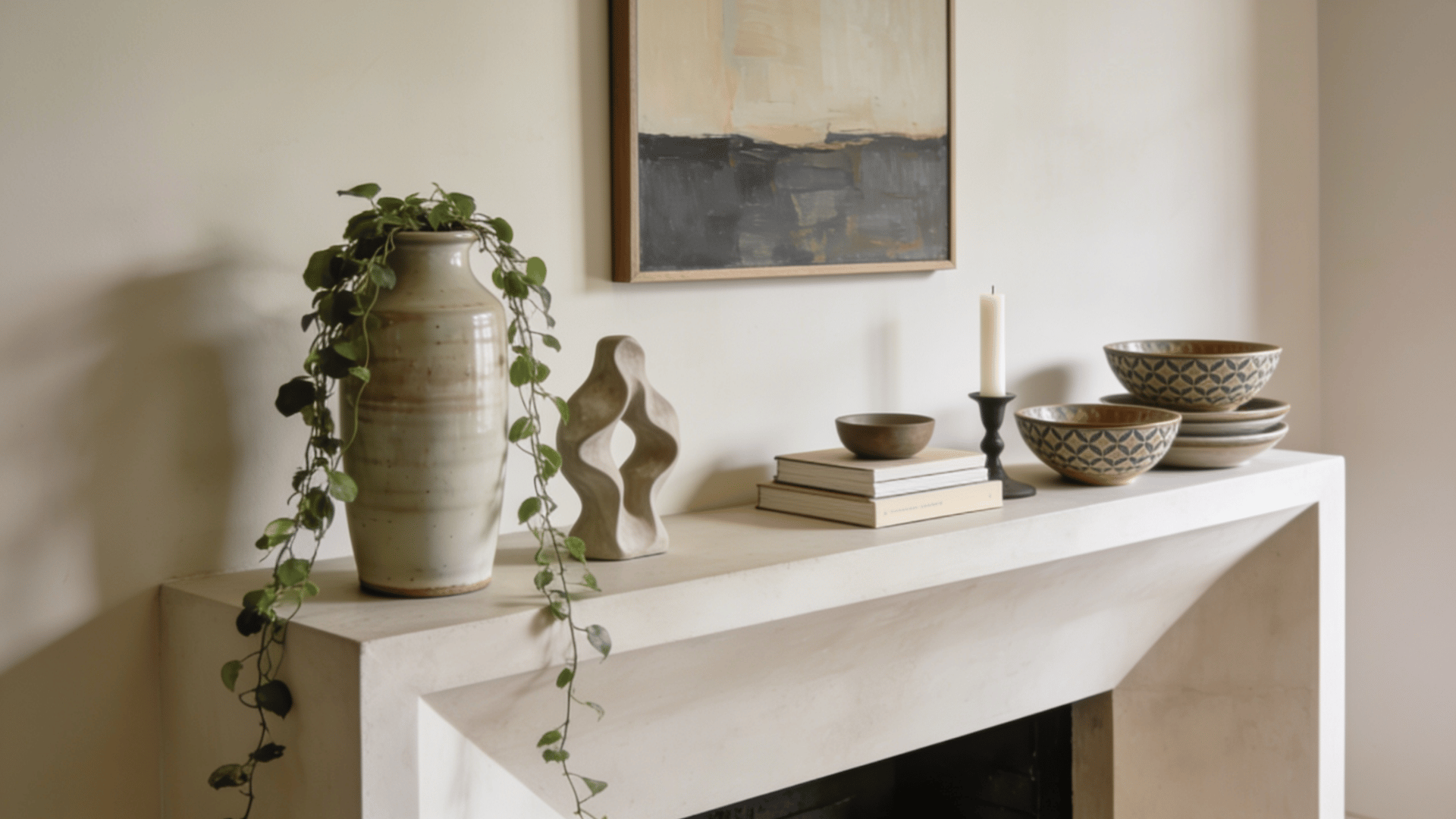 Asymmetrical mantel design with vase, plants, candles, bowls, books, and artwork.
