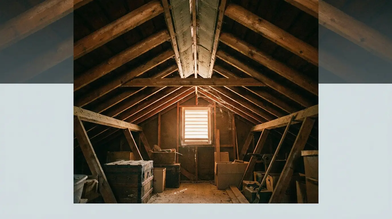 Dimly lit attic with wooden beams, dusty old chests, and a small window