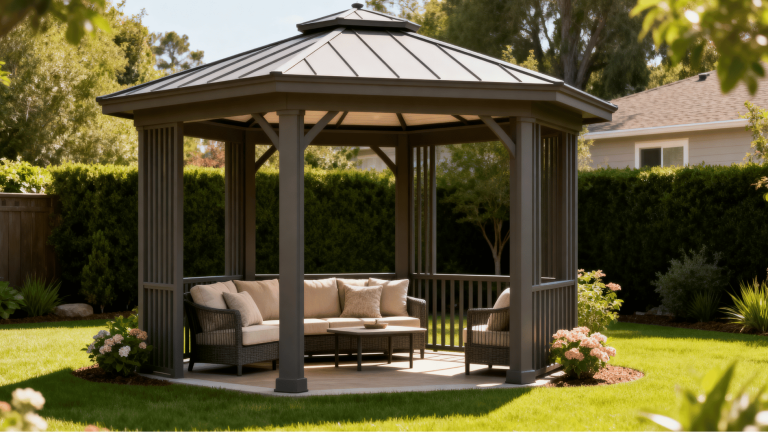 backyard gazebo with open sides, cushioned seating, metal roof, green lawn, hedges, and flowering plants in sunlight