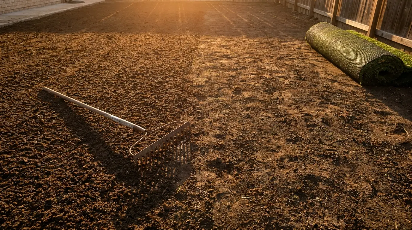 Freshly prepared soil with metal rake and rolled sod in sunlit backyard