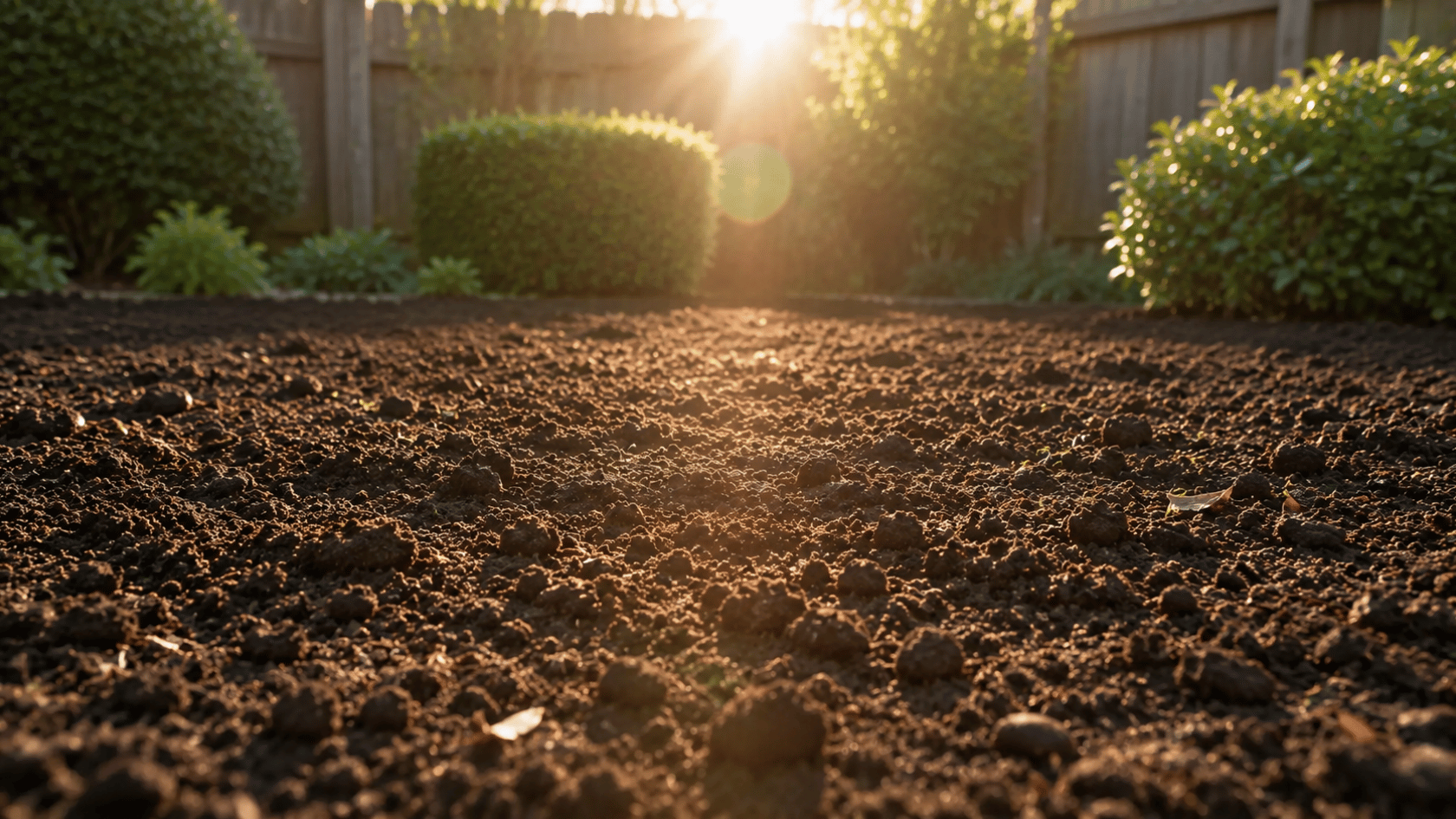 Flat backyard garden soil receiving sunlight before planting.