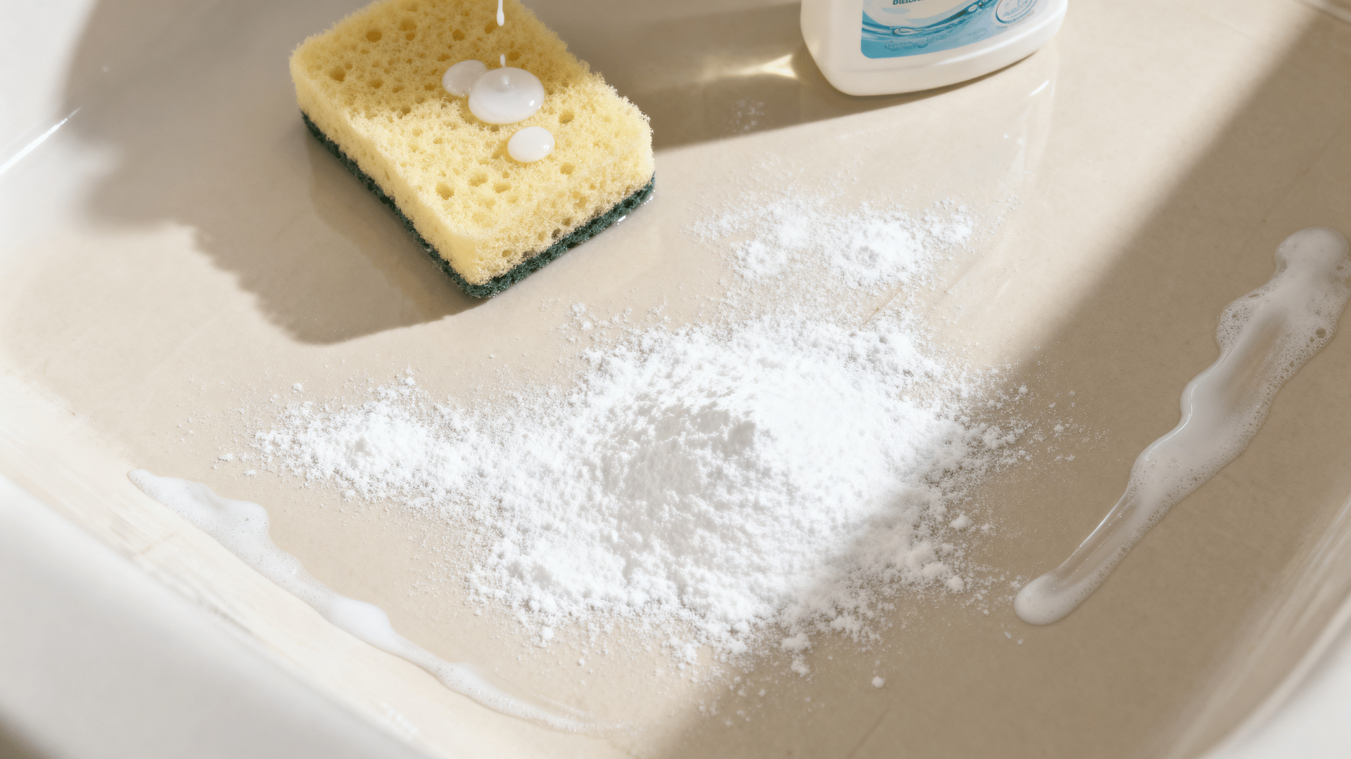 baking soda and dish soap being applied to a bathtub