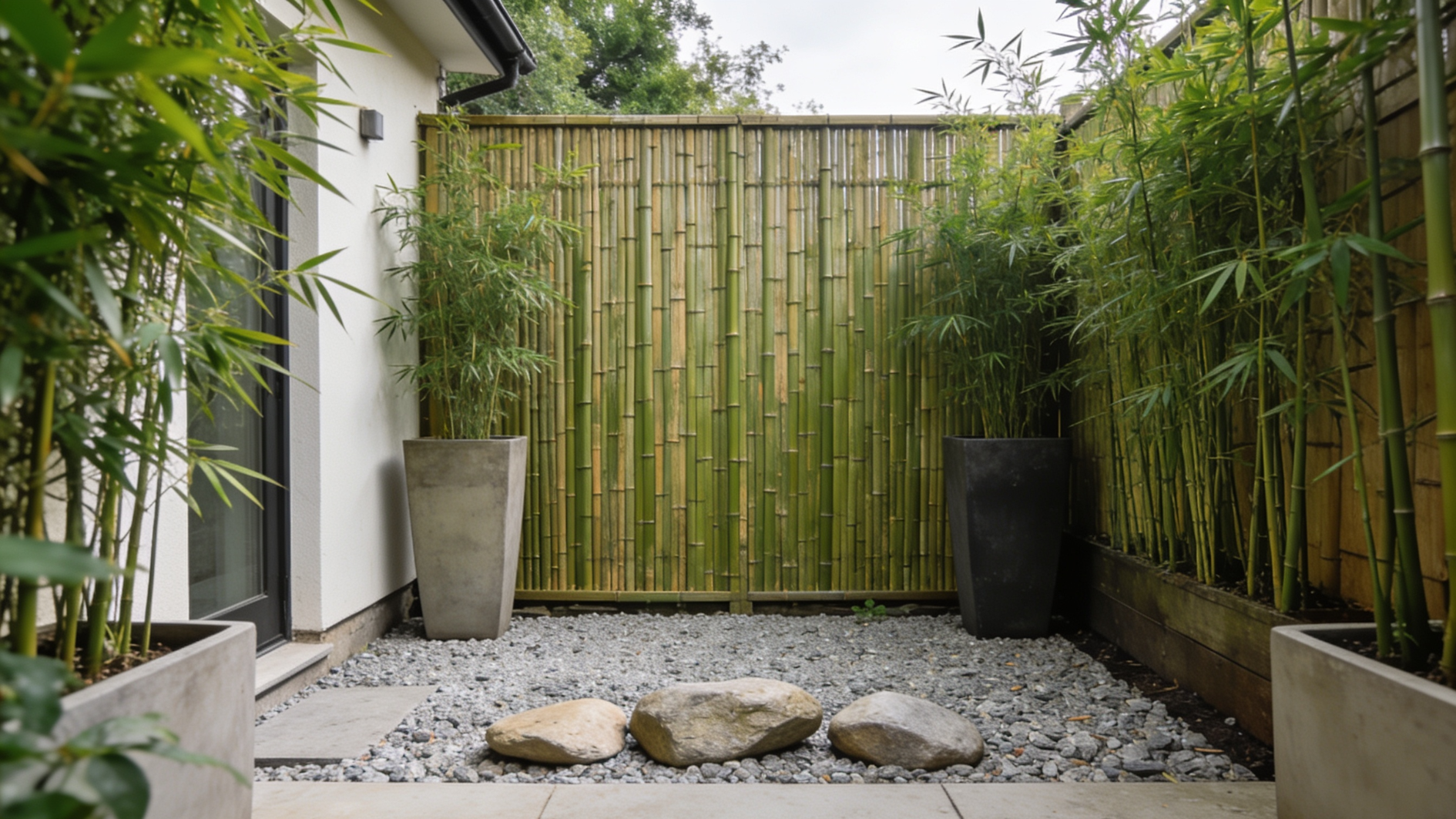 bamboo garden courtyard with gravel floor, rocks, potted bamboo plants, and bamboo fence