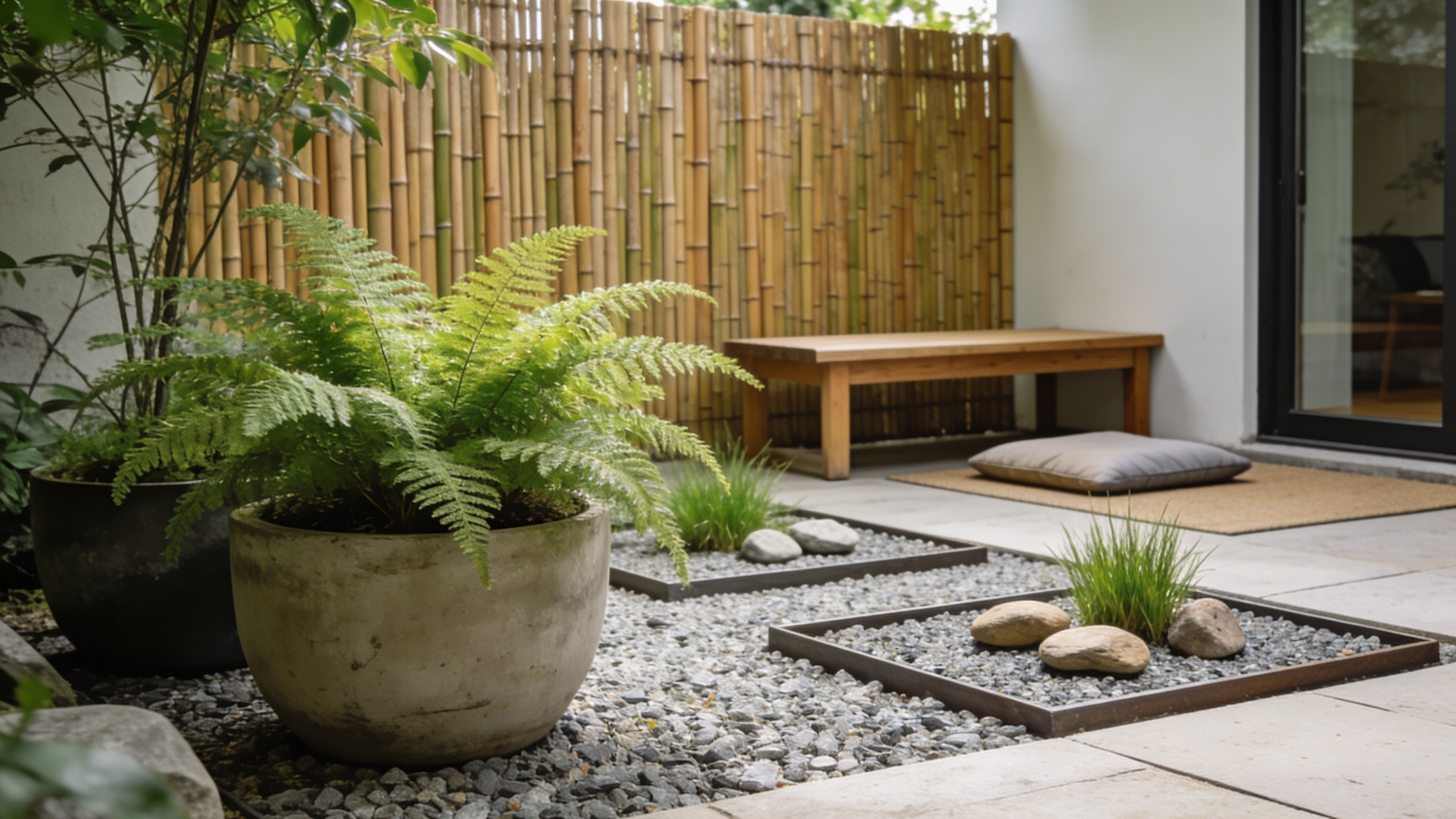 bamboo-lined zen courtyard garden with gravel beds, potted ferns, rocks, and wooden bench seating