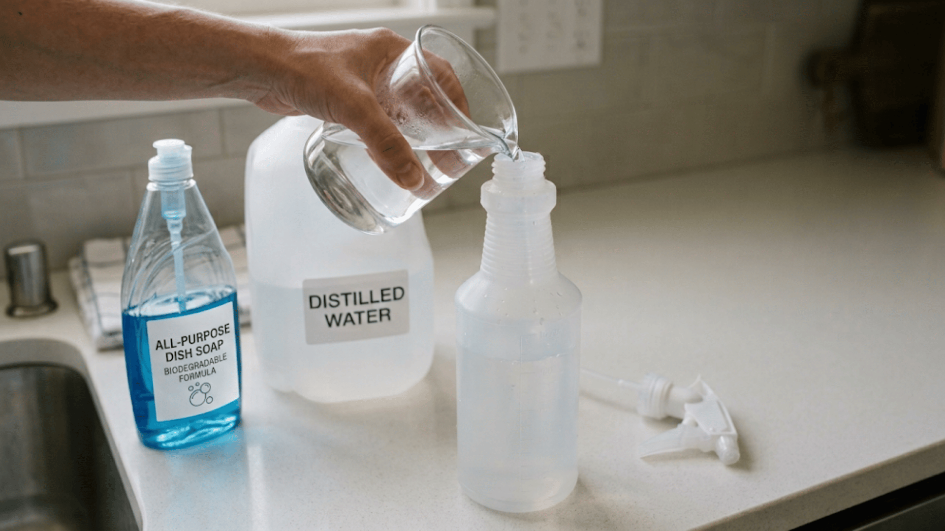 Distilled water being poured into a 16 oz spray bottle.