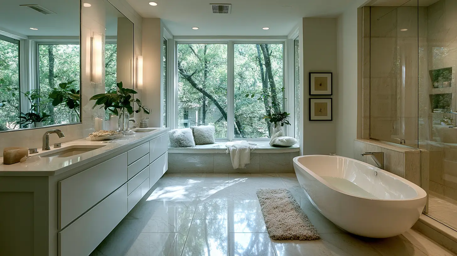 Luxurious bathroom with freestanding bathtub, large windows, and plants in a serene setting