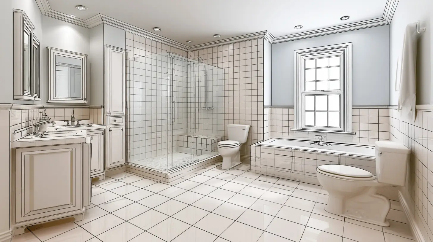 Modern white-tiled bathroom with shower, bathtub, toilet, and vanity under recessed lighting