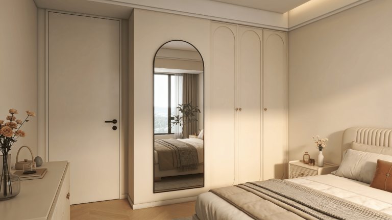Modern bedroom with side wall mirror reflecting light, showing proper mirror placement for calm, balanced, restful sleep environment.