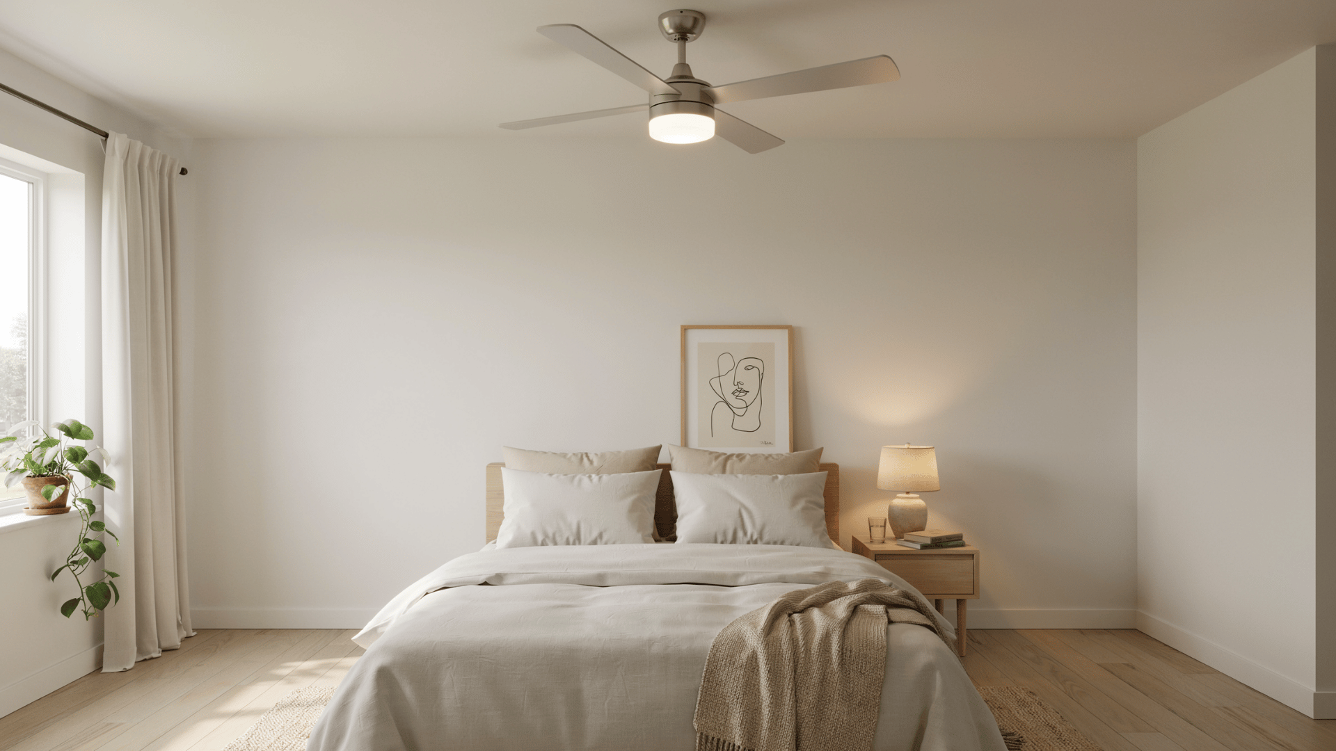 Ceiling fan with light installed above a bed in a modern bedroom.