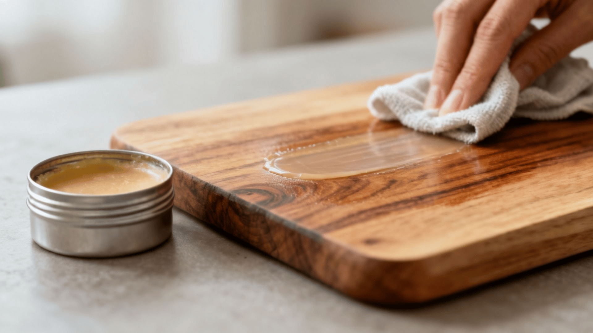 Tin of beeswax next to wooden cutting board with cloth applying wax on wood surface