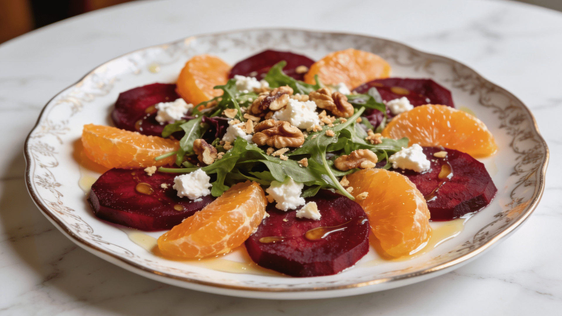 beet and orange salad with arugula, goat cheese, walnuts, and a light citrus dressing served on a decorative plate