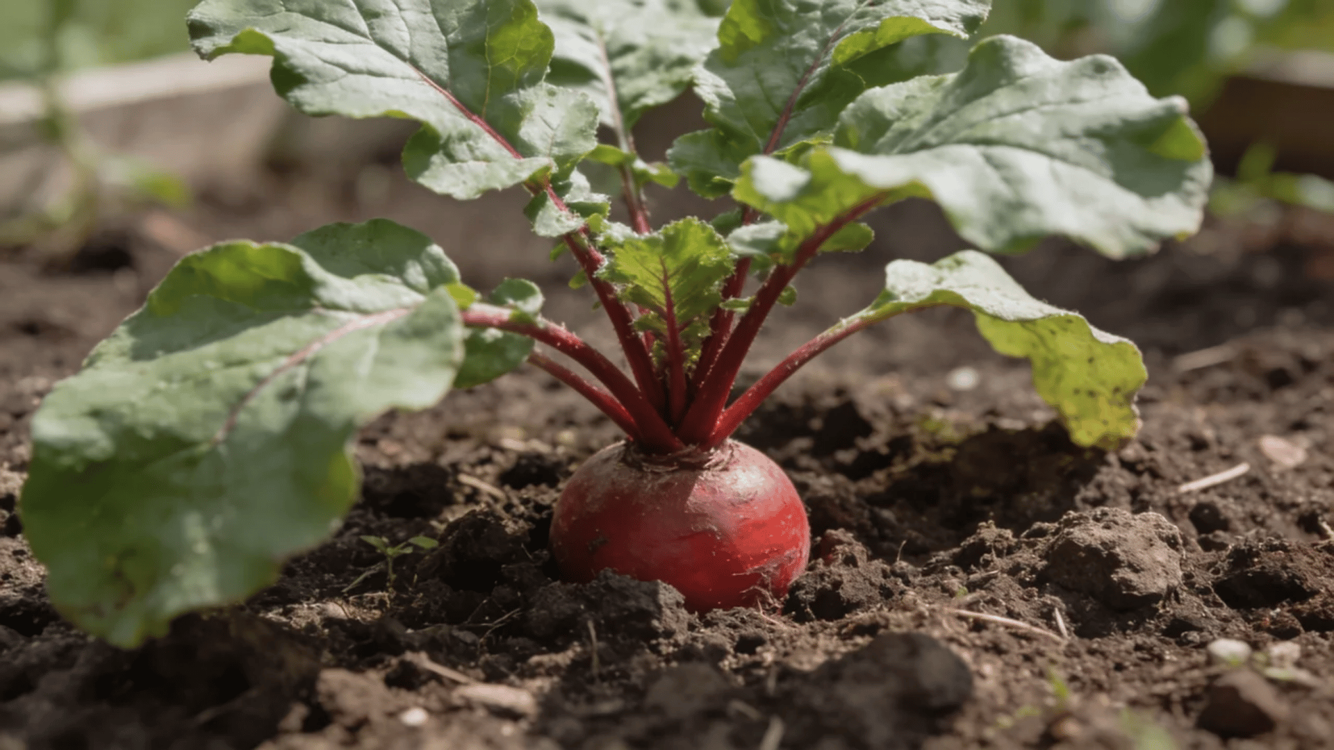 Beet plant with red root visible above soil and green tops growing in a garden  bed.